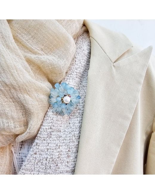Farra Blue Handcrafted Flower Shape Natural Aquamarine Brooch