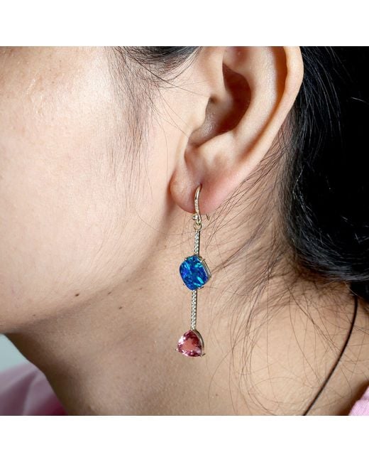 Artisan Blue Tourmaline, Opal & Diamond Drop Earrings