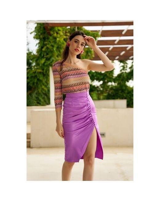 AVENUE No.29 Pink One-Shoulder Stripe Lace Blouse