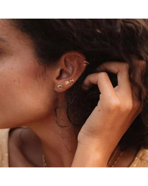 Spero London Metallic Sterling Safety Pin Stud Croissant Ear Cuff & Emerald Evil Eye Earring Set