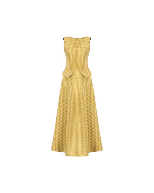 Azzali Yellow Sleeveless Long Tweed Dress With Pockets Sealed With Pearl Buttons-Sunflower