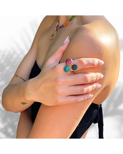 Ebru Jewelry Multicolor Triple Gemstone Adjustable Artemis Ring