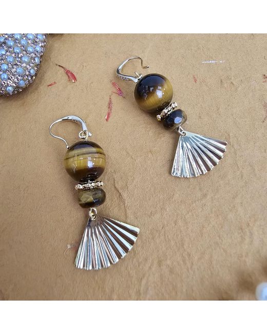 Farra Metallic Elegance Tiger-Eye Stone With Fan Dangle Earrings