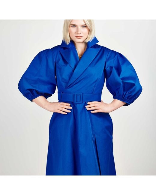 Femponiq Blue 'Wide Lapel Asymmetric Belted Midi Cotton Dress