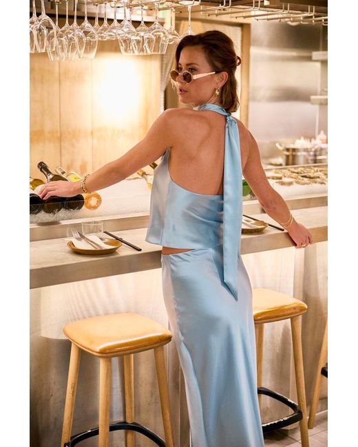 Lily Rou Blue Sky Halter-Neck Silk Top