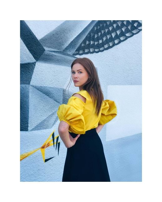 Femponiq Yellow Cold Shoulder Puff Sleeve Lapel Top