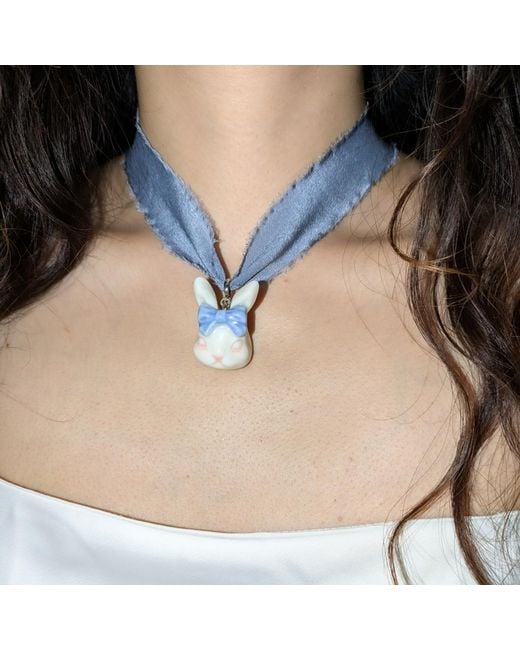 H2 Studio Blue Grumpy Bunny Silk Choker Necklace