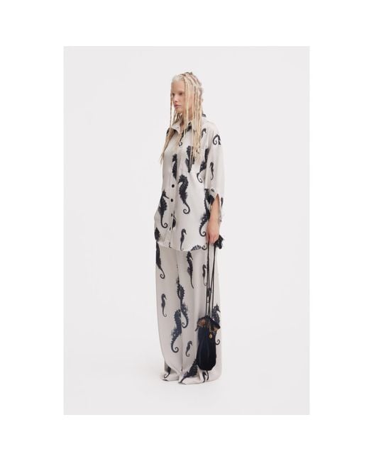 Julia Allert Gray Seahorse Print Paperbag Wide-Leg Palazzo Trousers – Ivory