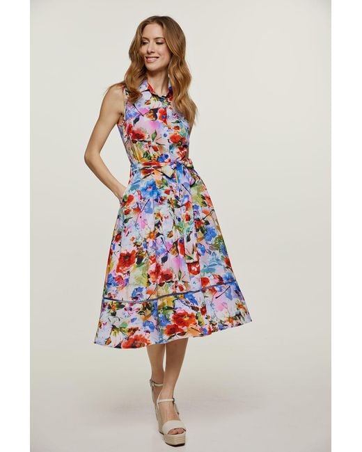 Conquista Blue Floral Sleeveless Dress With Belt