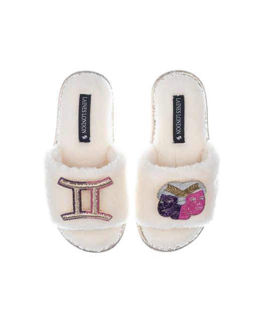 Laines London White Teddy Towelling Slipper Sliders With Gemini Zodiac Brooches