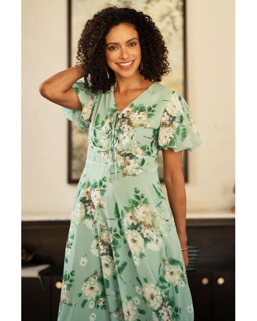 Yumi' Green Mint Floral Tea Dress With Front Ties
