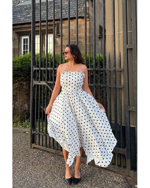 Yumi' Metallic Polka Dot Hankerchief Hem Dress