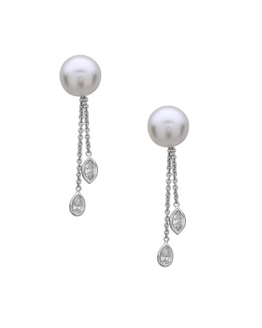 Artisan White Pearl Drop Chain Earrings With Diamond Accents