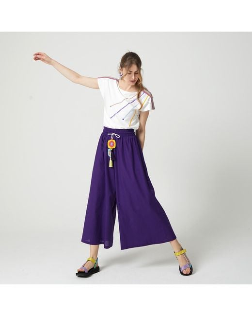 Lalipop Design Purple Cropped Wide-Leg Voile Pants With Crochet Belt