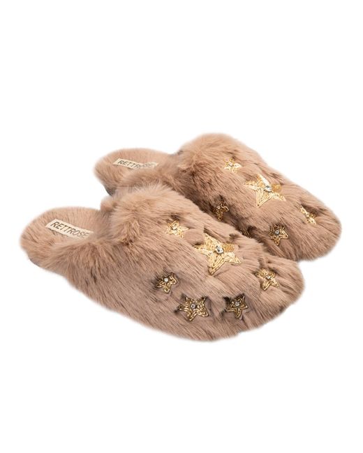Rettrose Brown Neutrals Saylor Mink Luxury Plush Diamanté Embellished Handmade Slipper