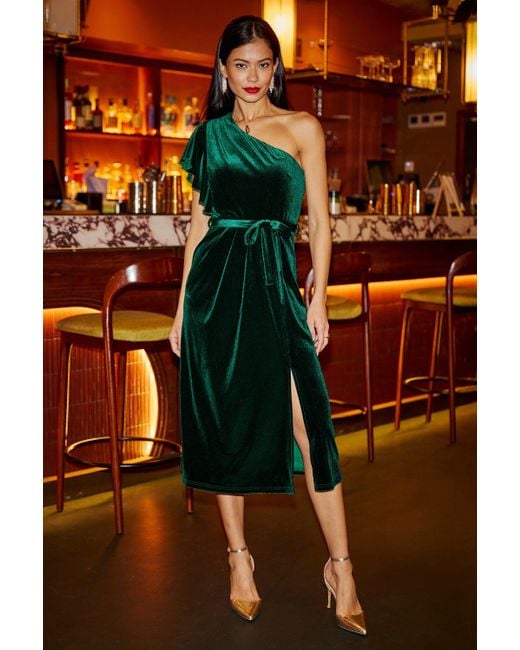 Yumi' Green Velvet Frill One Shoulder Midi Dress With Split Hem
