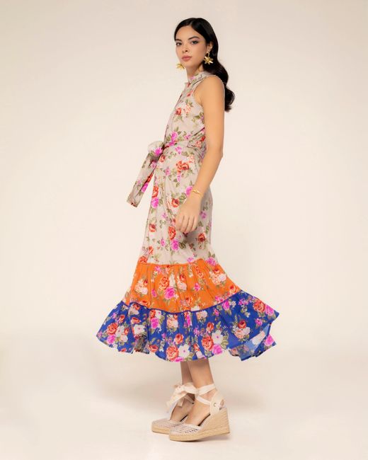 Niza Orange Long Dress With Ruffles Rosys