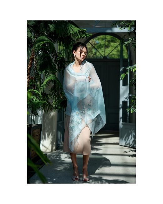 Saachi Blue Floral Embroidered Silk Aqua Scarf