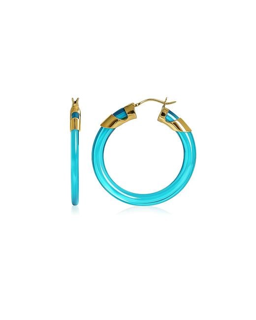 Gold & Honey Blue Aquamarine Classic Flat Lucite Birthstone Hoop Earrings