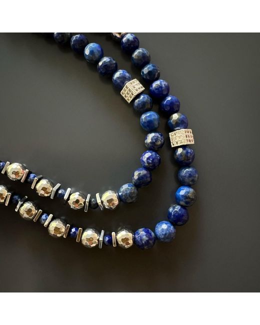 Ebru Jewelry Metallic Lapis Lazuli & Hematite Stone Sterling Hamsa Pendant Beaded Necklace