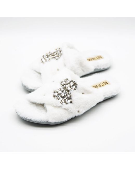 Rettrose White Neutrals Fefe Luxury Cream Plush Diamanté Bow Embellished Handmade Slipper