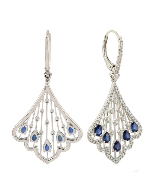 Artisan Handmade 18k White Gold Pave Diamond Blue Sapphire Dangle Earrings Jewelry