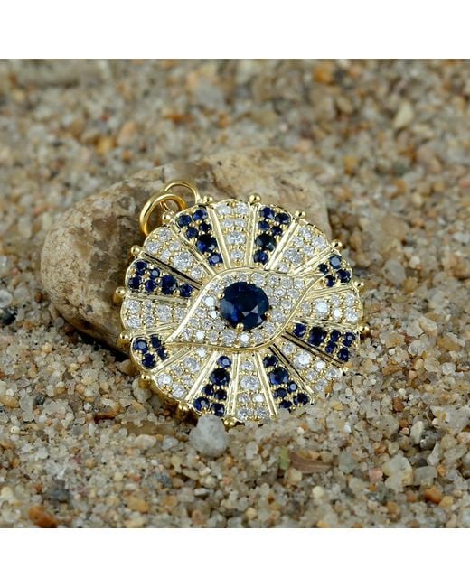 Artisan Metallic Blue Sapphire Pave Diamond Evil Eye Pendant 14k Yellow Gold Enamel