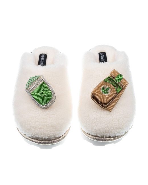 Laines London Metallic Teddy Closed Toe Slippers With Matcha Brooches