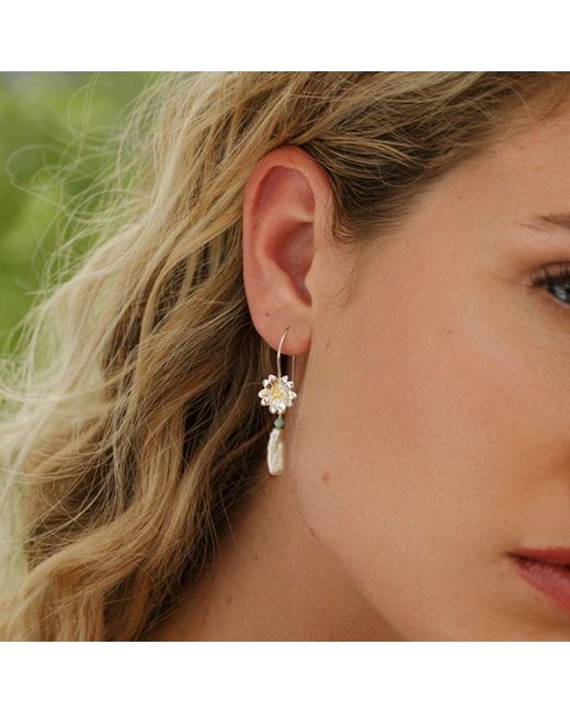 Isla Silver Metallic Sterling Baroque Pearl & Flower Dangle Earrings With Aventurine Bead