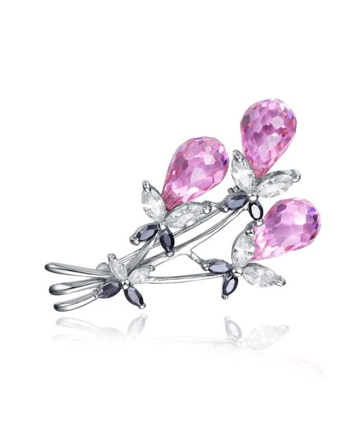 Genevive Jewelry Multicolor Sterling Silver Purple And Clear Cubic Zirconia Bouquet Pin