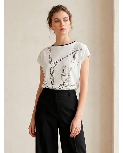 Conquista White Artistic Print Cap-Sleeve Top With Contrast Trim