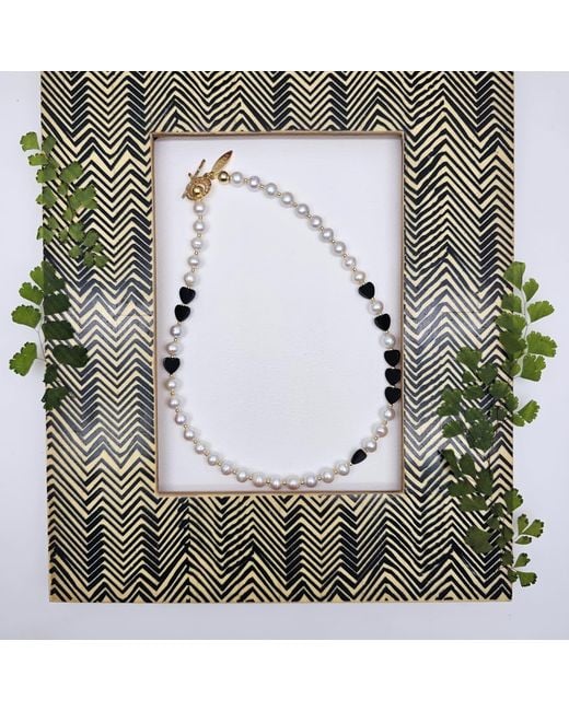 Farra Metallic Freshwater Pearls With Heart Shaped Obsidian Choker Necklace