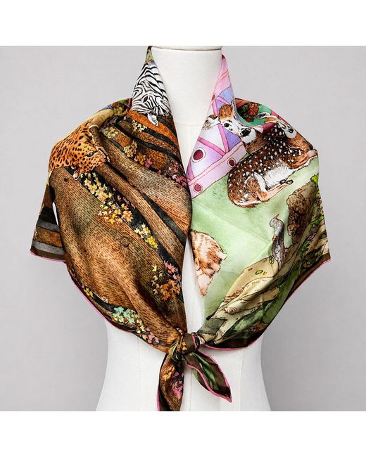 Wenzi Multicolor Neutrals The Forest Circus Hand Painted Mulberry Silk Square Scarf