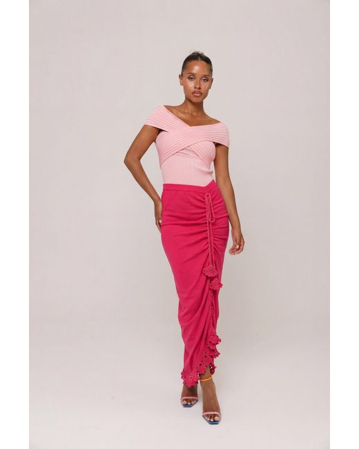 Andreeva Pink Fuchsia Carnation Knit Skirt With Handmade Embroidery
