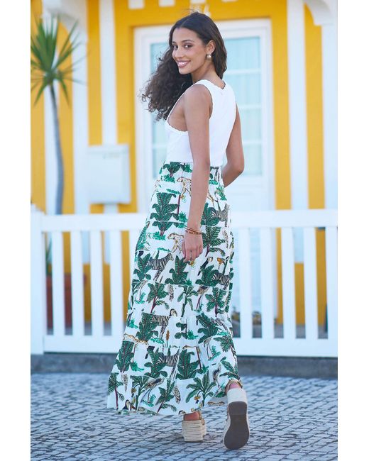 Yumi' Blue Animal Print Cotton Tiered Maxi Skirt