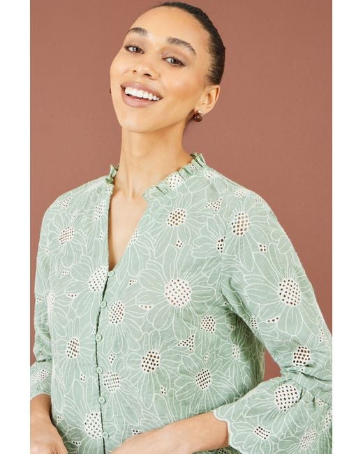 Yumi' Green Daisy Broderie Shirt With Fluted Sleeves
