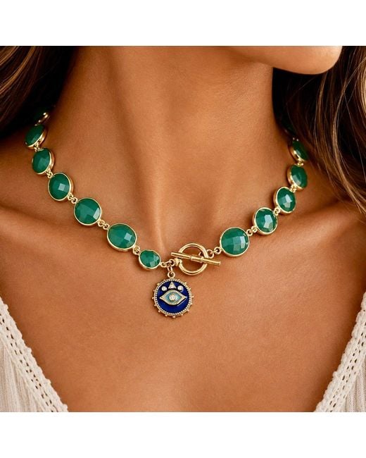 Persia Dona Jewelry Green Agate X Evil Eye Charm Necklace