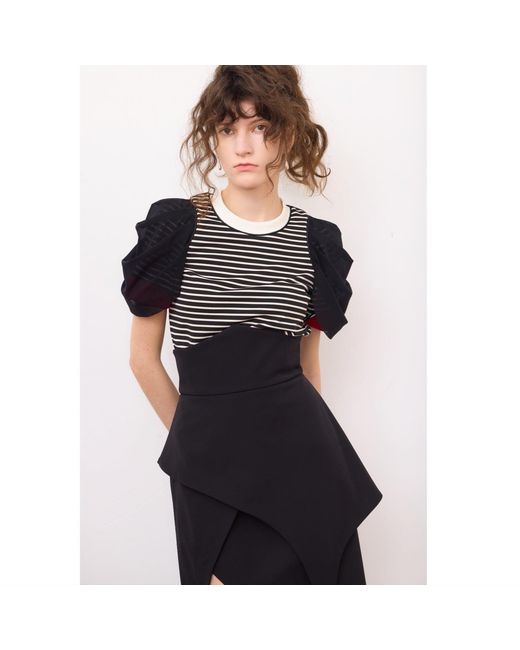 Julia Allert Black Striped Knit Blouse With Mesh Puff Sleeves