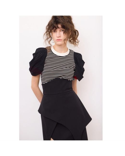Julia Allert Black Striped Knit Blouse With Mesh Puff Sleeves