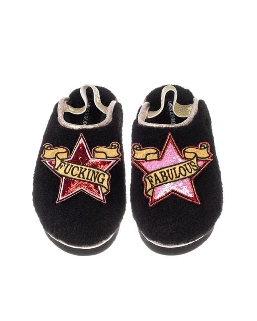 Laines London Black Flatform Cloud Slippers With & Fucking Fabulous Brooches