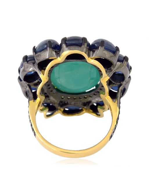 Artisan Blue Sapphire & Emerald Pave Diamond With 14k Gold 925 Silver Cocktail Ring