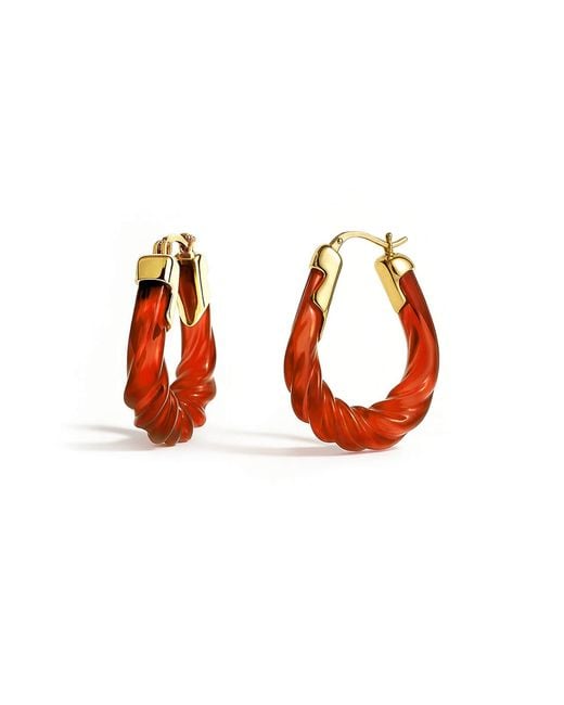 Gold & Honey Orange Garnet Rope Twist Oval Lucite Birthstone Hoop Earrings