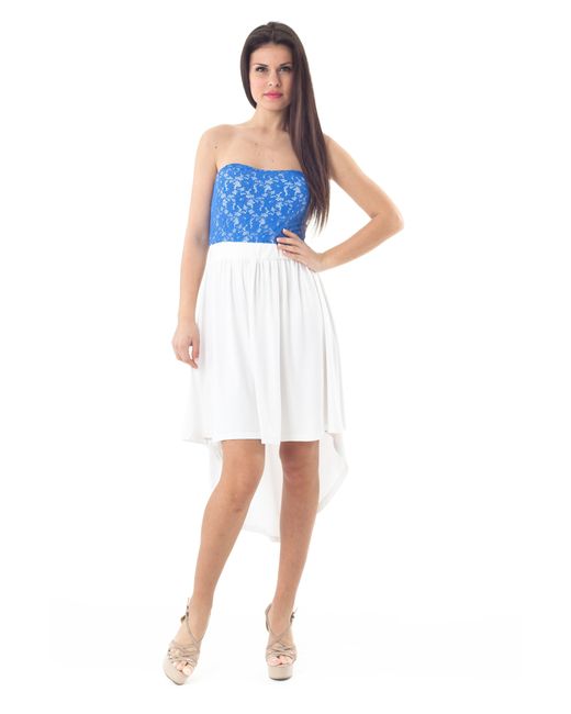 Conquista Blue Strapless Lace Detail High Low Dress