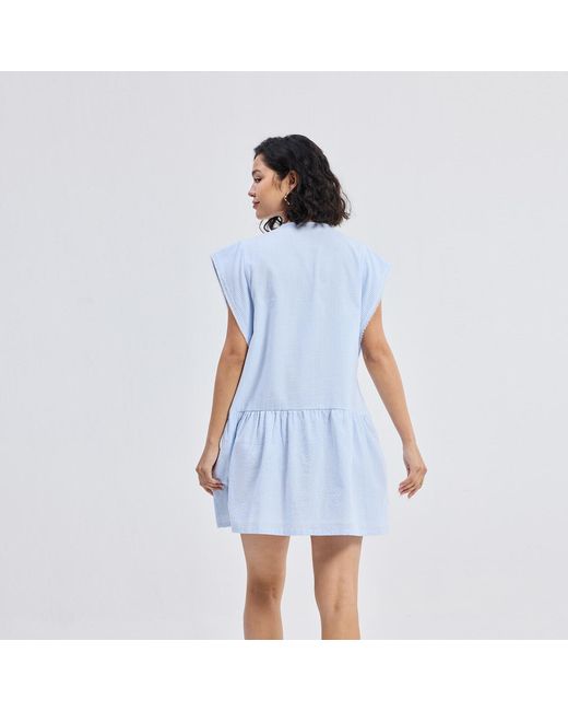 REISTOR Blue Oversized V Neck Short Dress With Frayed Sleeves
