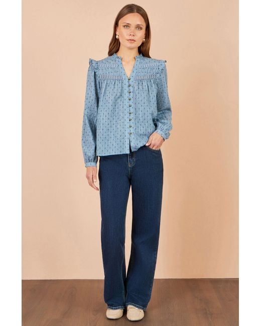 Yumi' Blue Cotton Lace Detail Shirt