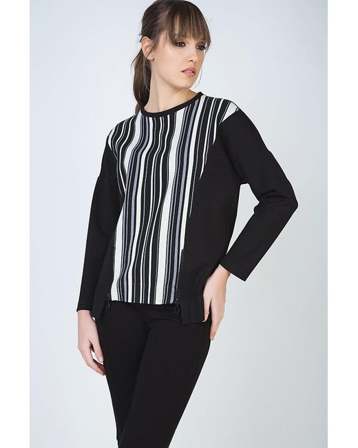 Conquista Black Striped Long Sleeve Zip Detail Top