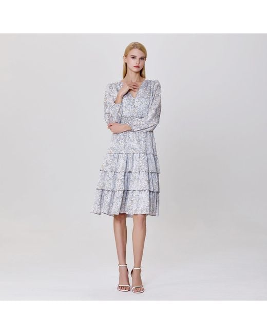Smart and Joy Gray Tiered Ruffles Liberty Print Tea Dress