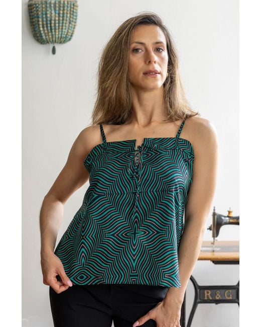 Stovaria Green Pure Silk Strappy Camisole Top With Tie Front