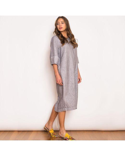 Haris Cotton Blue Keyhole Neckline Midi Linen Dress With 3/4 Sleeve Marine