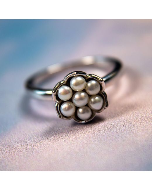 Lucy Quartermaine Metallic Solid Sterling Royal Pearl Flower Ring